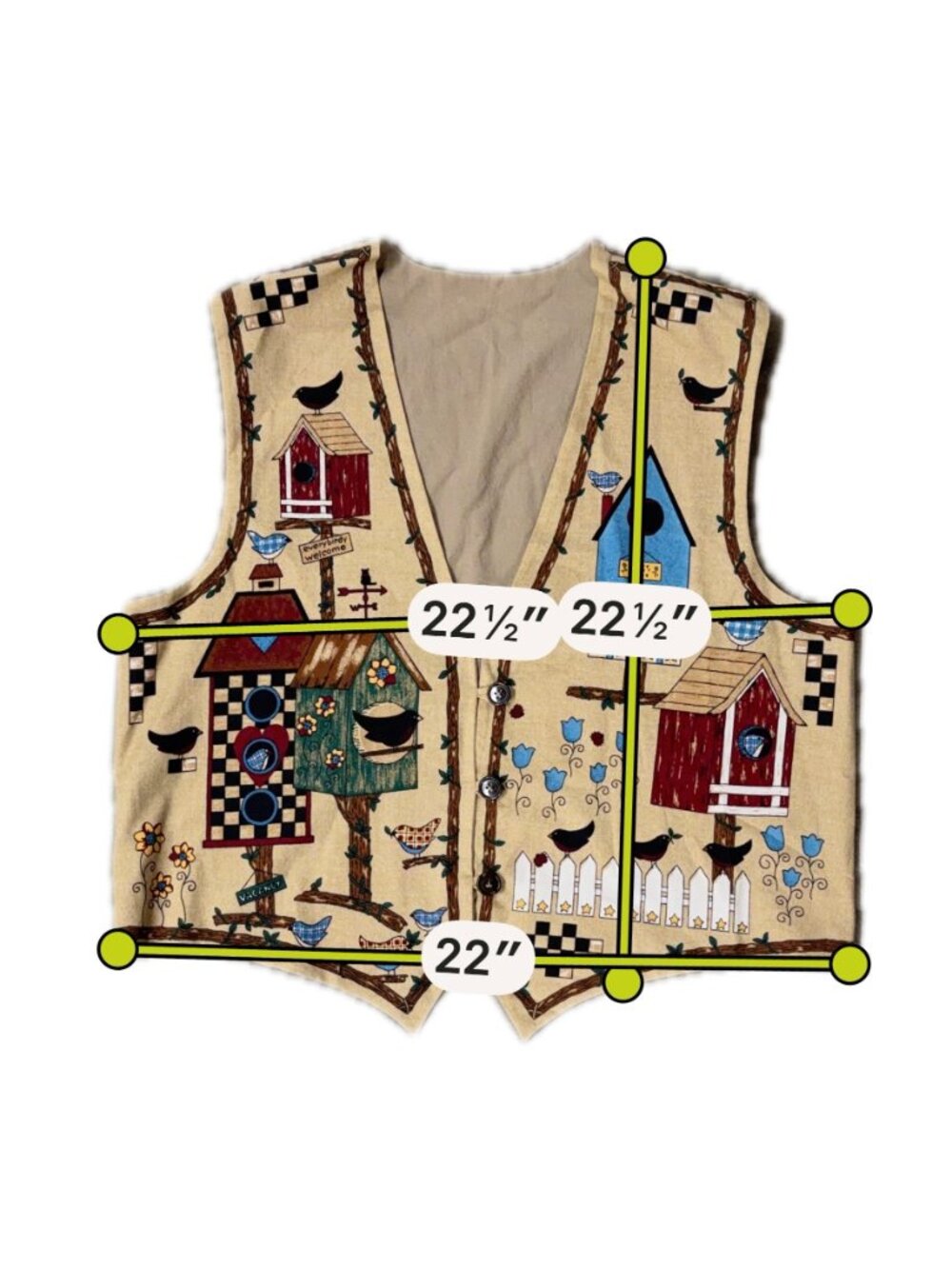Handmade Womens Vest Folk Art Birds Birdhouse Cottagecore Button Front Vintage - Picture 5 of 5